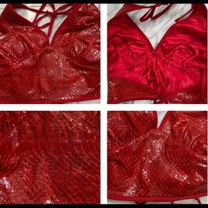 RED SNAKE HALTER TOP WITH RED SUEDE TRIM, SEEN AS A 2023 LOOK ON THE RUNWAYS